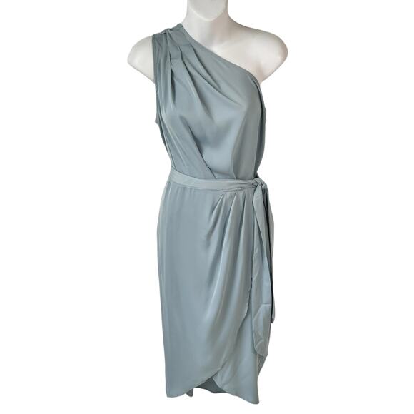 New Ruched Pale Blue Bodycon Dress Sz M One Shoulder Wrap Satin Cocktail Wedding - Picture 1 of 15